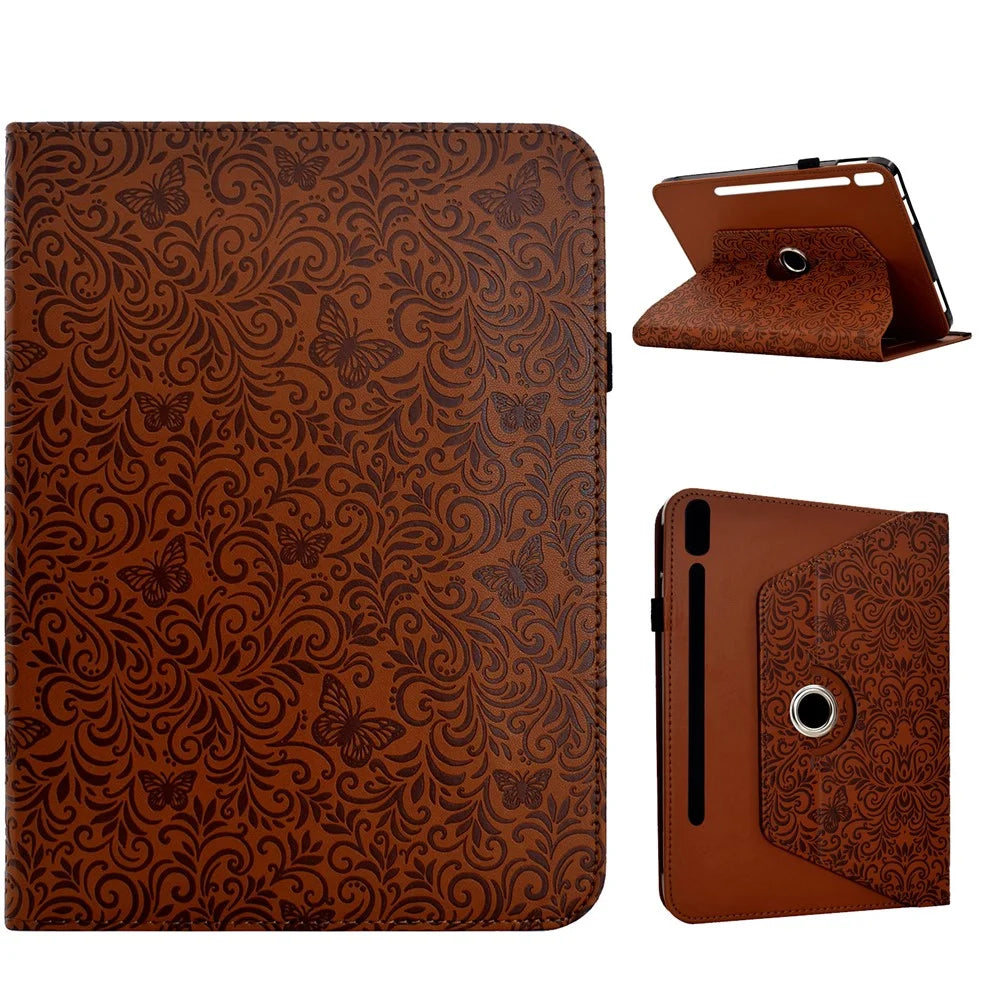 For Samsung Galaxy Tab S9  /  S9 FE  /  S10 FE Case Butterfly Flower Imrpint Leather Tablet Cover with Rotary Stand Card Holder - Brown - 1