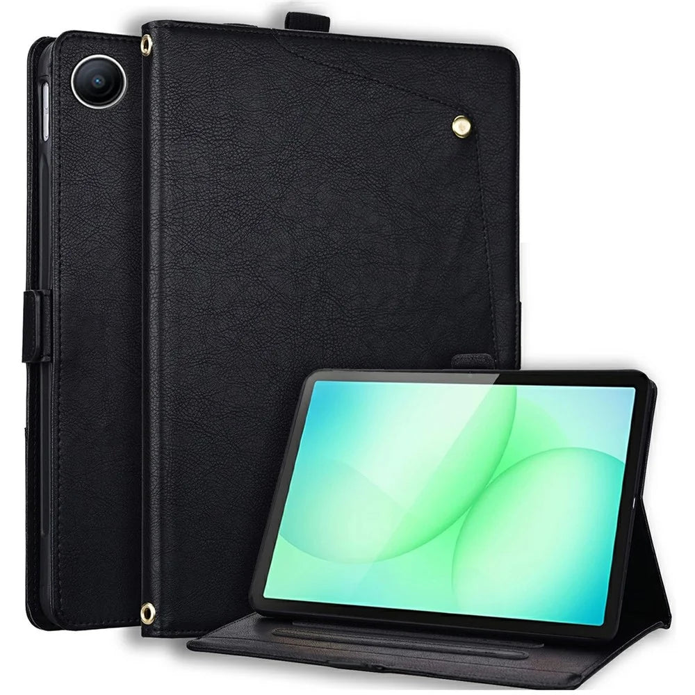 For Samsung Galaxy Tab A9  /  Tab A11 Case Front Pocket Business Leather Tablet Cover with Card Holder Stand  - Black - 1