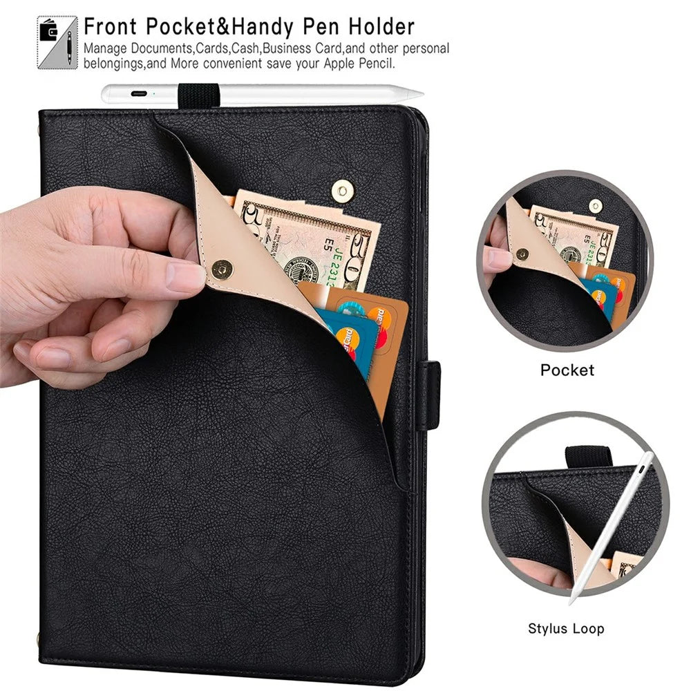 For iPad Air 13 (2026)  /  (2025)  /  (2024)  /  iPad Pro 12.9 (2022)  /  (2021)  /  (2020)  /  (2018) Case Front Pocket Business Leather Tablet Cover with Card Holder Stand - Black - 4