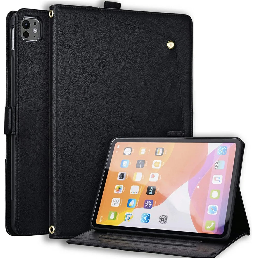 For iPad Pro 11 (2024)  /  (2025) Case Front Pocket Business Leather Tablet Cover with Card Holder Stand - Black - 1
