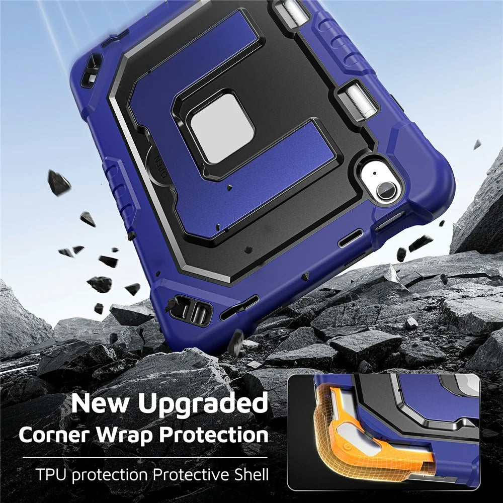 For iPad (2025) / iPad 10.9 (2022) Case Kickstand PC + TPU + Silicone Tablet Cover with Pen Holder - Navy Blue+Black - 4