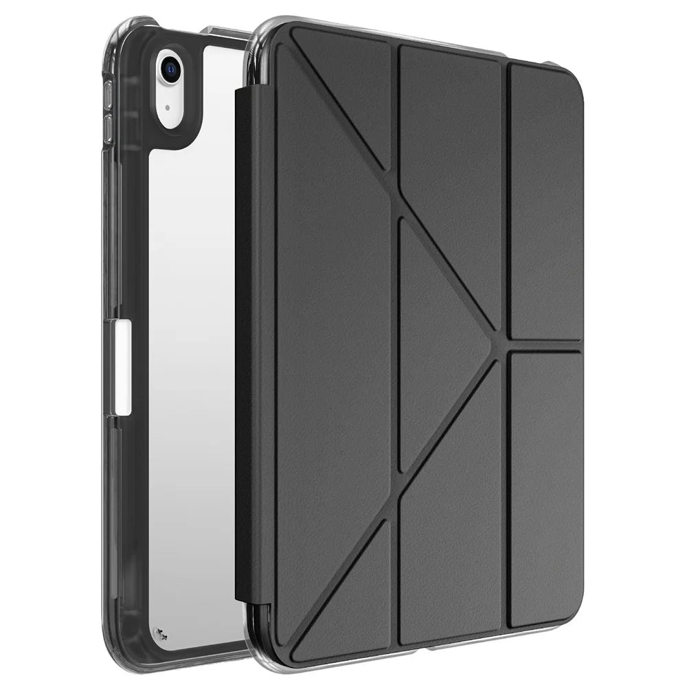For iPad (2025) / iPad 10.9 (2022) Case with Pen Slot Clear Back Leather Stand Tablet Cover - Black - 1