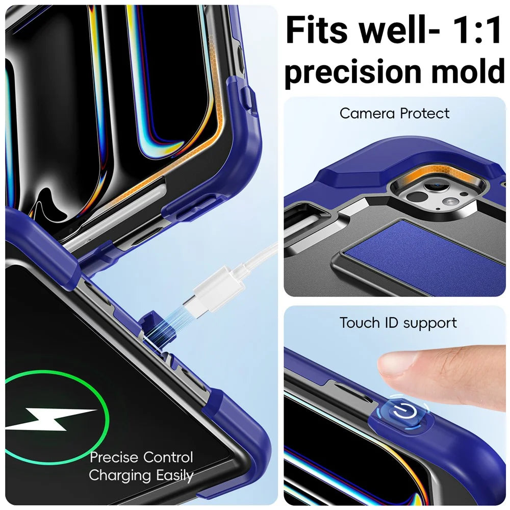 For iPad Pro 11 (2024)  /  Pro 11 (2025) Case Shockproof PC + TPU + Silicone Protective Cover with Shoulder Strap  /  Pen Holder - Navy Blue+Black - 7