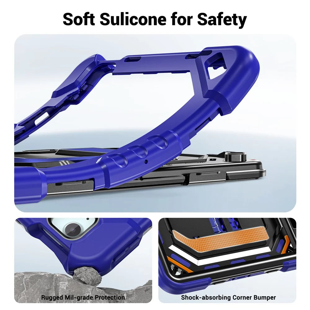 For iPad Air 11 (2026)  /  (2025)  /  (2024)  /  iPad Pro 11 (2022)  /  (2021)  /  (2020)  /  (2018)  /  Air (2022)  /  (2020) Case Shockproof PC + TPU + Silicone Protective Cover with Shoulder Strap  /  Pen Holder - Navy Blue+Black - 5