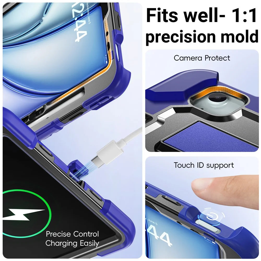For iPad Air 11 (2026)  /  (2025)  /  (2024)  /  iPad Pro 11 (2022)  /  (2021)  /  (2020)  /  (2018)  /  Air (2022)  /  (2020) Case Shockproof PC + TPU + Silicone Protective Cover with Shoulder Strap  /  Pen Holder - Navy Blue+Black - 6