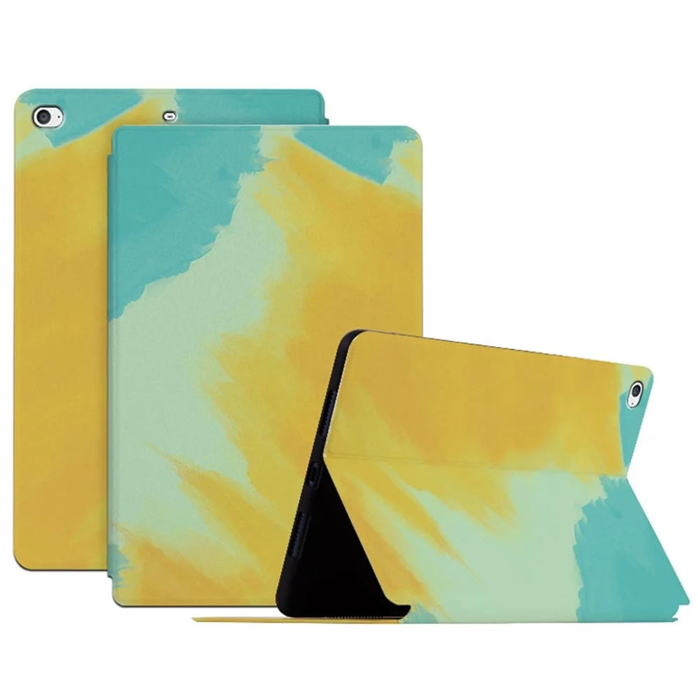 For iPad mini 4 / mini (2019) 7.9 inch Watercolor Patten Printing PU Leather Auto Wake / Sleep Shell Folio Stand Protective Cover - Autumn Yellow - 1