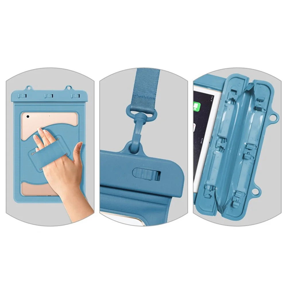 Universal Waterproof Bag for Tablets Below 9 inches, IPX8 30m Underwater Screen Touch Transparent PVC Tablet Case Pouch with Lanyard - Grey Blue - 7