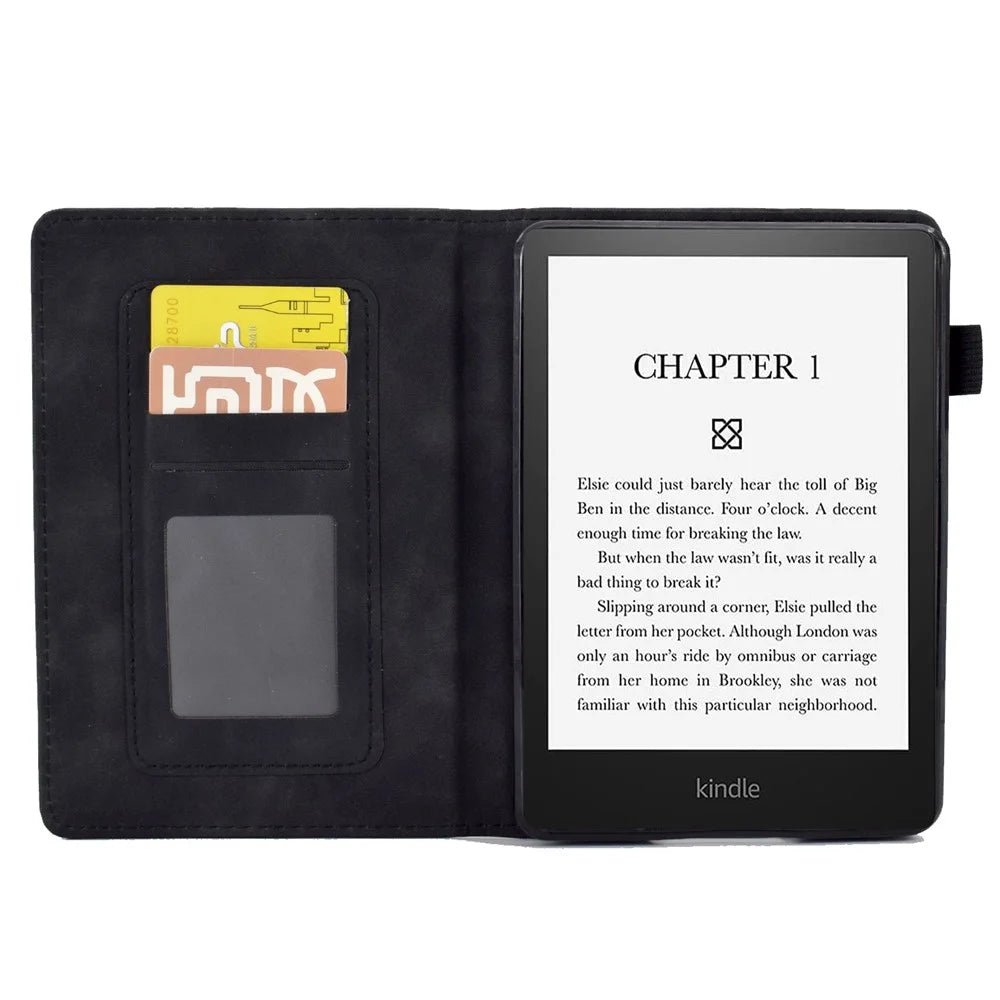 For Amazon Kindle Paperwhite 5 (2021) Love Heart Imprinted PU Leather Flip Stand Case Solid Color Card Holder Protective Cover - Black - 2