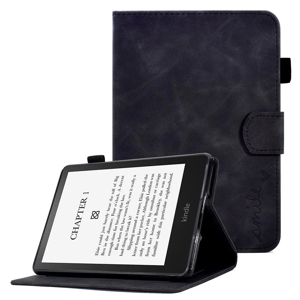 For Amazon Kindle Paperwhite (2015) / 2 (2015) / 3 (2015) / 4 (2018) Heart Shape Imprinted Solid Color PU Leather Flip Stand Protective Case with Card Slots - Black - 1