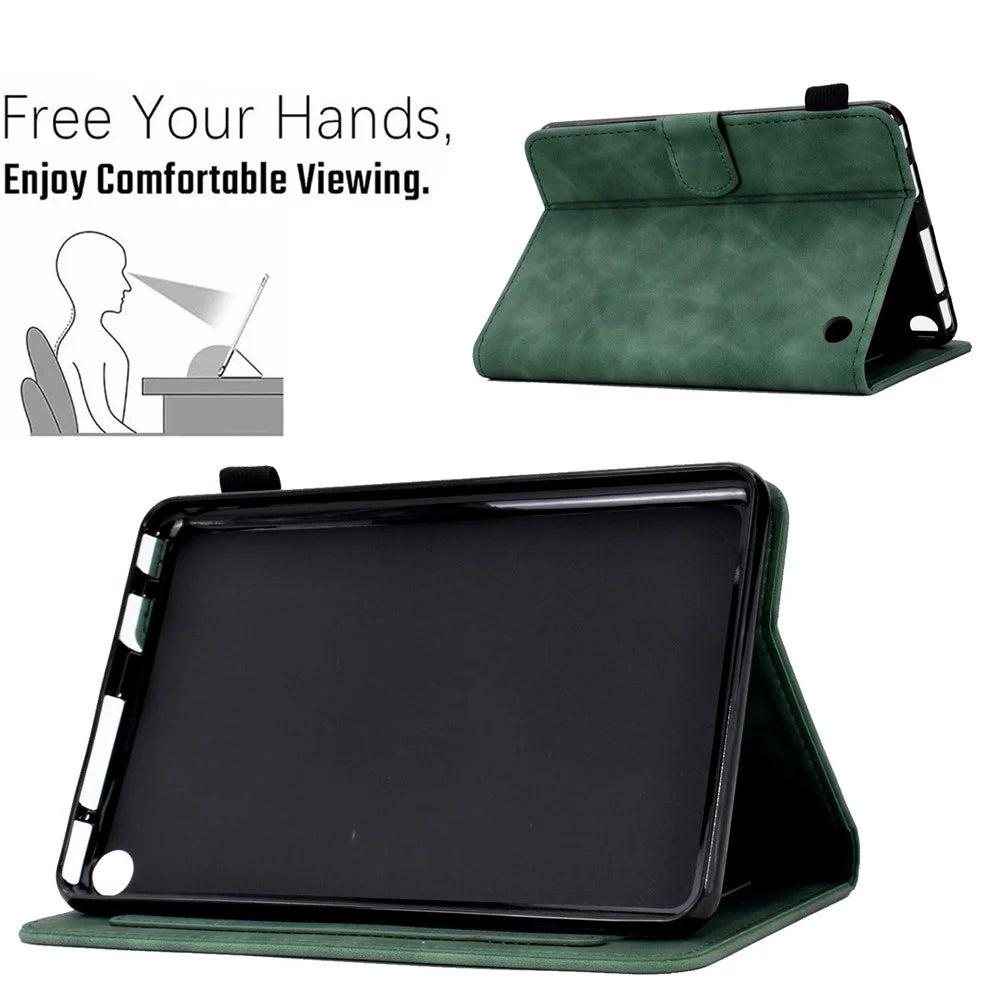 For Amazon Fire 7 (2022) Solid Color Imprinted PU Leather Drop-proof Cover Card Slots Design Flip Stand Protective Case - Green - 7