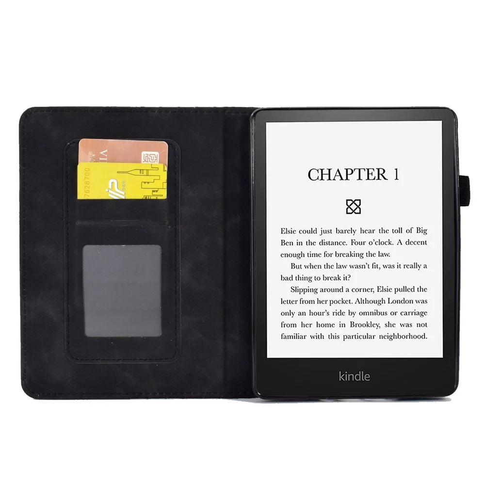 For Amazon Kindle Paperwhite 5 (2021) Anti-Drop Leather Case Auto Wake / Sleep Shockproof Cover Solid Color Pattern Imprinted Tablet Protector with Card Slots / Stand - Black - 2