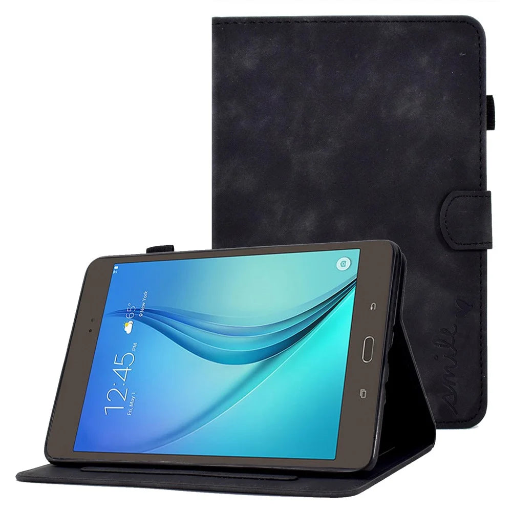 Full Protection Case for Samsung Galaxy Tab A 8.0 SM-T350 (2015), Supporting Stand Card Slots Imprinted Pattern Leather Tablet Cover Shell - Black - 1
