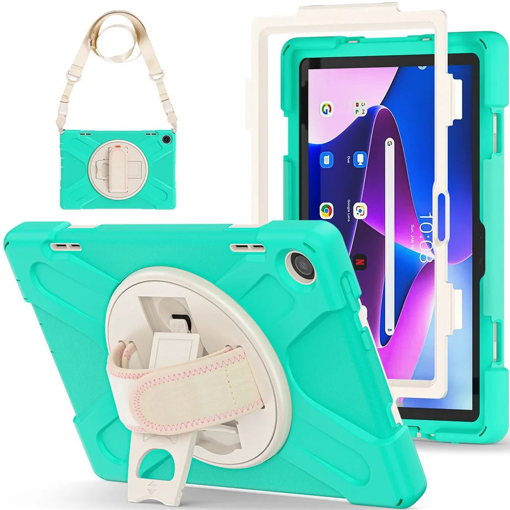 For Lenovo Tab M10 (Gen 3) TB-328FU / TB-328XU Rotary Hand Strap Kickstand Tablet Case PC + Silicone Shockproof Cover with Shoulder Strap - Mint Green - 3