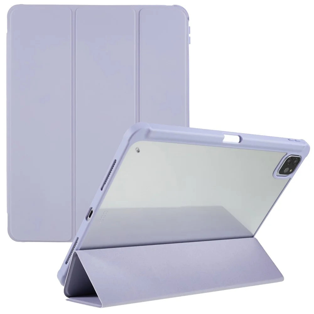 For iPad Pro 12.9 (2018) / (2020) / (2021) / (2022) Anti-Drop Tri-fold Stand Case PU Leather + TPU + Acrylic Tablet Slim Case Shockproof Cover - Purple - 1
