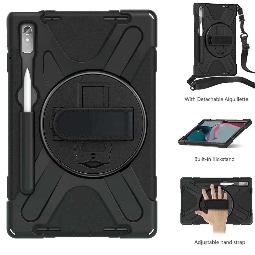For Lenovo Tab P11 Pro Gen 2 Case Rotation Kickstand PC + Silicone Tablet Cover with Hand Strap / Shoulder Strap - Black - 2