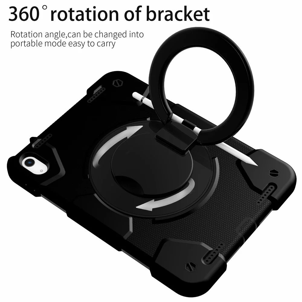PC + Silicone Protective Case for iPad (2025) / 10.9 (2022) Grip Ring Kickstand Design Tablet Drop-Proof Cover with Shoulder Strap - Black - 5