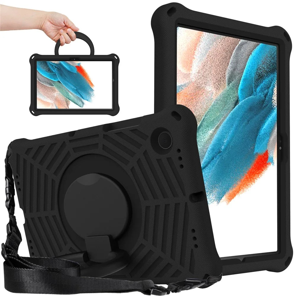 For Samsung Galaxy Tab A8 10.5 (2021) / (2022) Spider Web Texture Hand Grip Kickstand Tablet Cover Scratch-resistant Case with Shoulder Strap - Black - 1