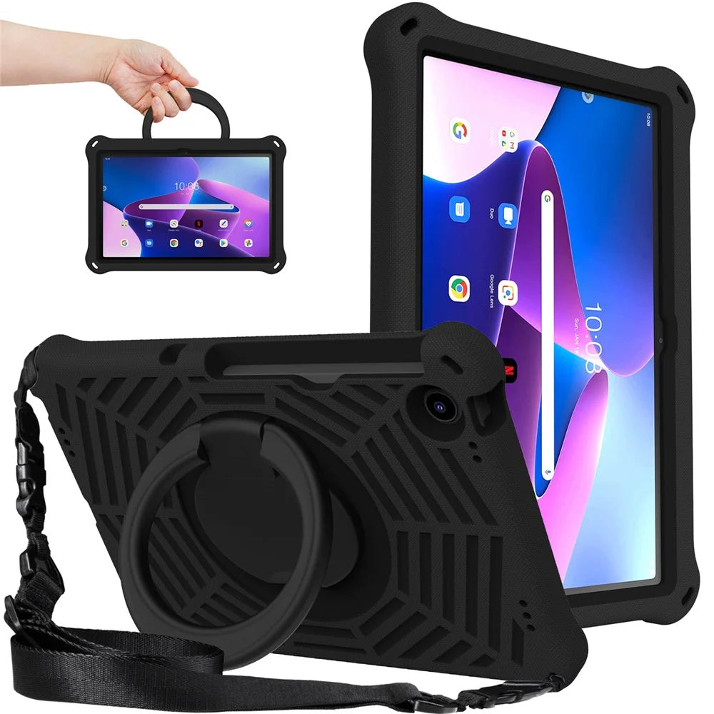 For Lenovo Tab M10 Plus (3rd Gen) / Xiaoxin Pad 2022 10.6 inch Shockproof Spider Web Texture Tablet Cover Kickstand Hand Grip Tablet Case with Shoulder Strap - Black - 1