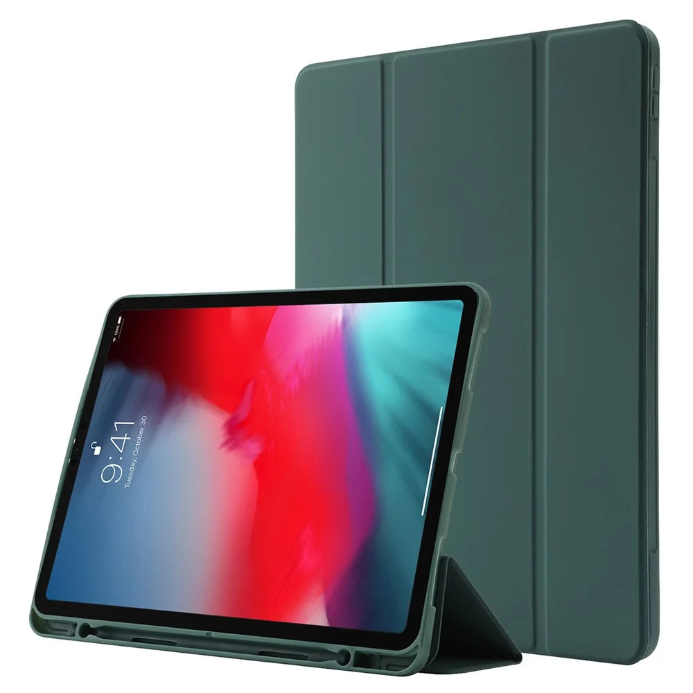 For iPad Pro 12.9 (2022) / (2021) / (2020) Skin-touch PU Leather Case Full Protection Tri-fold Stand Tablet Cover with Auto Wake / Sleep Cover and Pen Slot - Blackish Green - 1
