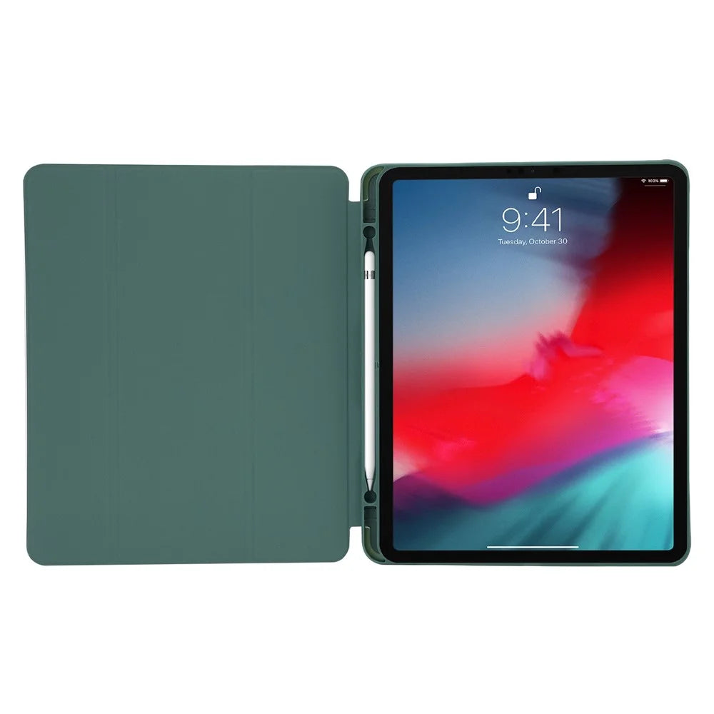 For iPad Pro 12.9 (2022) / (2021) / (2020) Skin-touch PU Leather Case Full Protection Tri-fold Stand Tablet Cover with Auto Wake / Sleep Cover and Pen Slot - Blackish Green - 2
