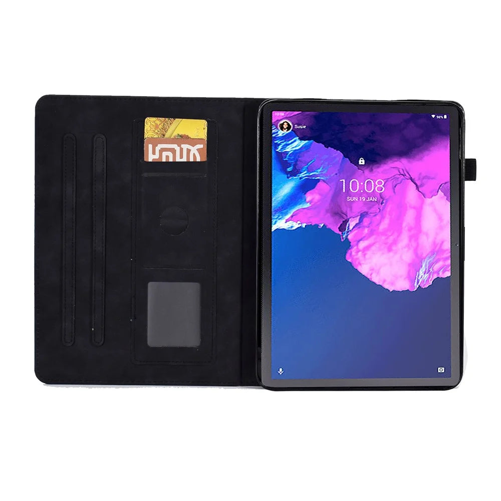 For Lenovo Tab P11 / J606F Butterfly Flower Pattern Imprinted PU Leather Stitching Line  Smart Tablet Cover with Card Holder Stand Shockproof Case - Black - 2