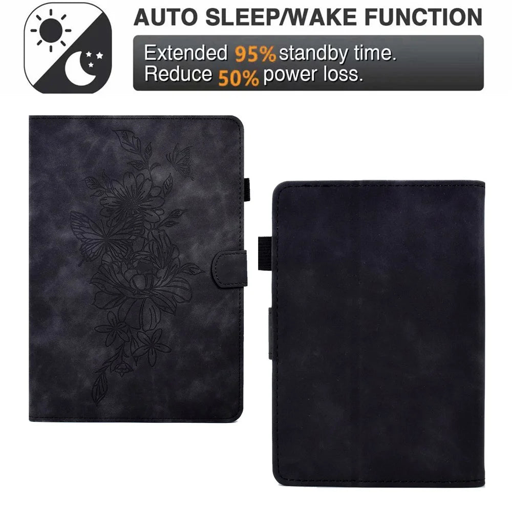 For Amazon Kindle Paperwhite 5 (2021) Butterfly Flower Pattern Imprinted Folio Smart Cover Stitching Line PU Leather Stand Tablet Case with Card Holder - Black - 5