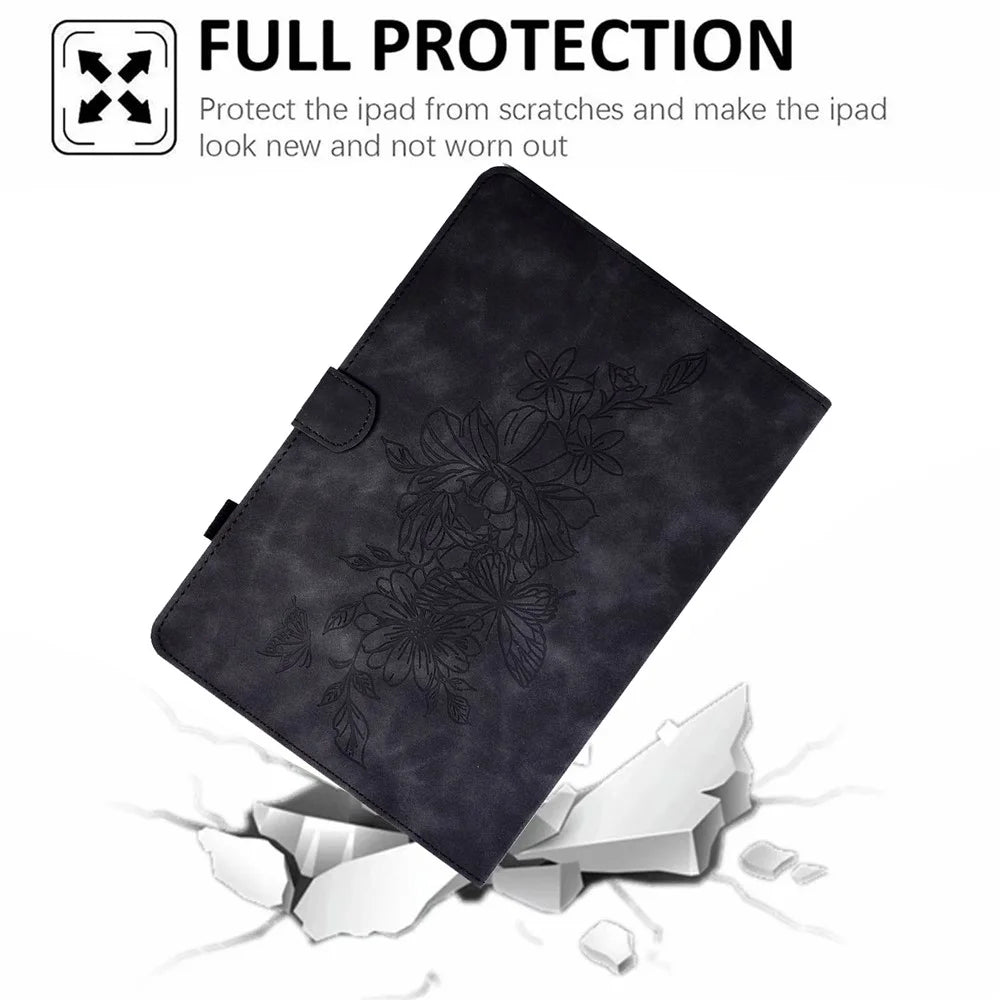 For Amazon Kindle Paperwhite 5 (2021) Butterfly Flower Pattern Imprinted Folio Smart Cover Stitching Line PU Leather Stand Tablet Case with Card Holder - Black - 7