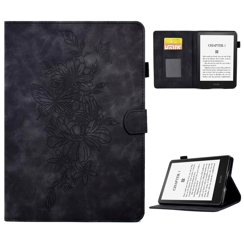 For Amazon Kindle Paperwhite 1 / 2 / 3 / 4 PU Leather Smart Stand Protective Case Butterfly Flower Pattern Imprinted Card Holder Tablet Cover - Black - 1