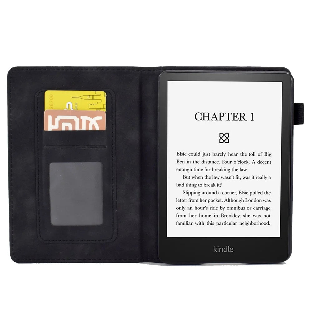 For Amazon Kindle Paperwhite 1 / 2 / 3 / 4 PU Leather Smart Stand Protective Case Butterfly Flower Pattern Imprinted Card Holder Tablet Cover - Black - 2