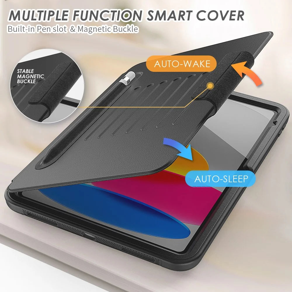 For iPad (2025) / 10.9 (2022) PU Leather Tablet Case Kickstand Card Holder Magnetic Cover with Smart Auto Sleep / Wake - Black - 3