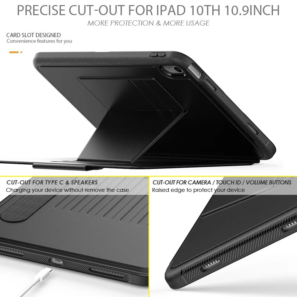 For iPad (2025) / 10.9 (2022) PU Leather Tablet Case Kickstand Card Holder Magnetic Cover with Smart Auto Sleep / Wake - Black - 5