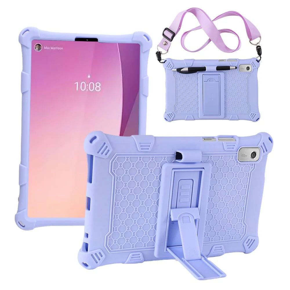 For Lenovo Tab M9 TB-310FU PC + Silicone Shock-Resistant Tablet Case Adjustable Kickstand Cover with Shoulder Strap - Purple - 1