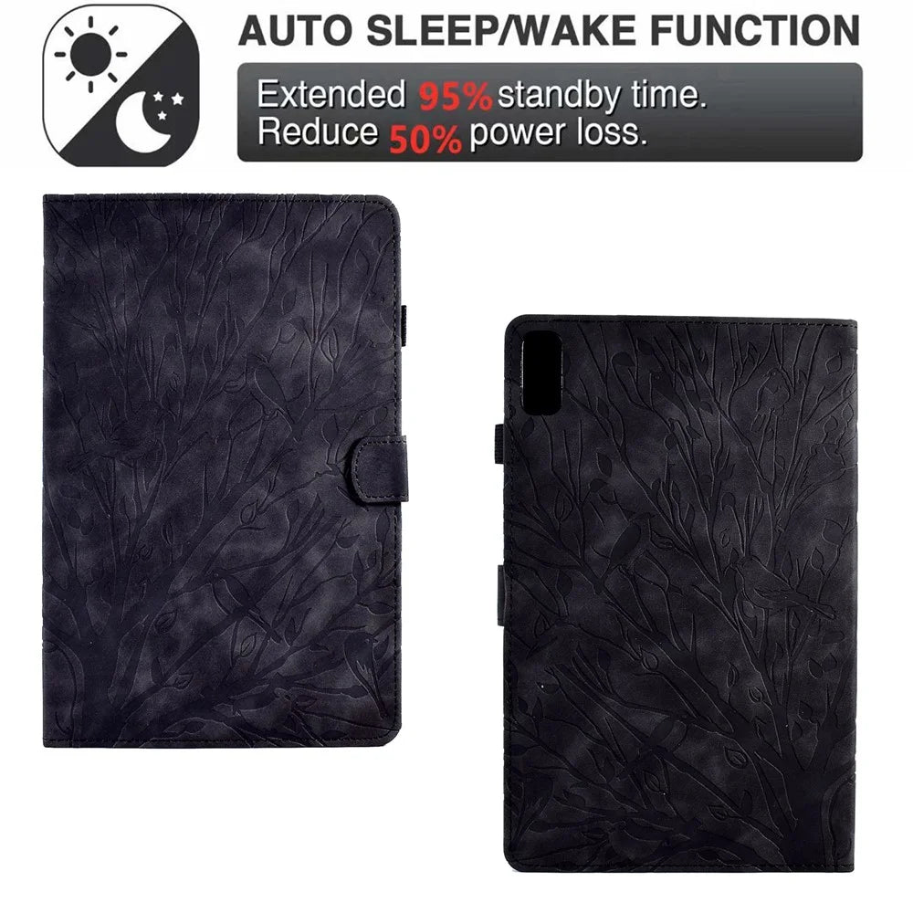 Tree Imprinted Leather Cover for Lenovo Tab M9 TB-310FU Anti-Drop Protective Case with Card Slot - Black - 5