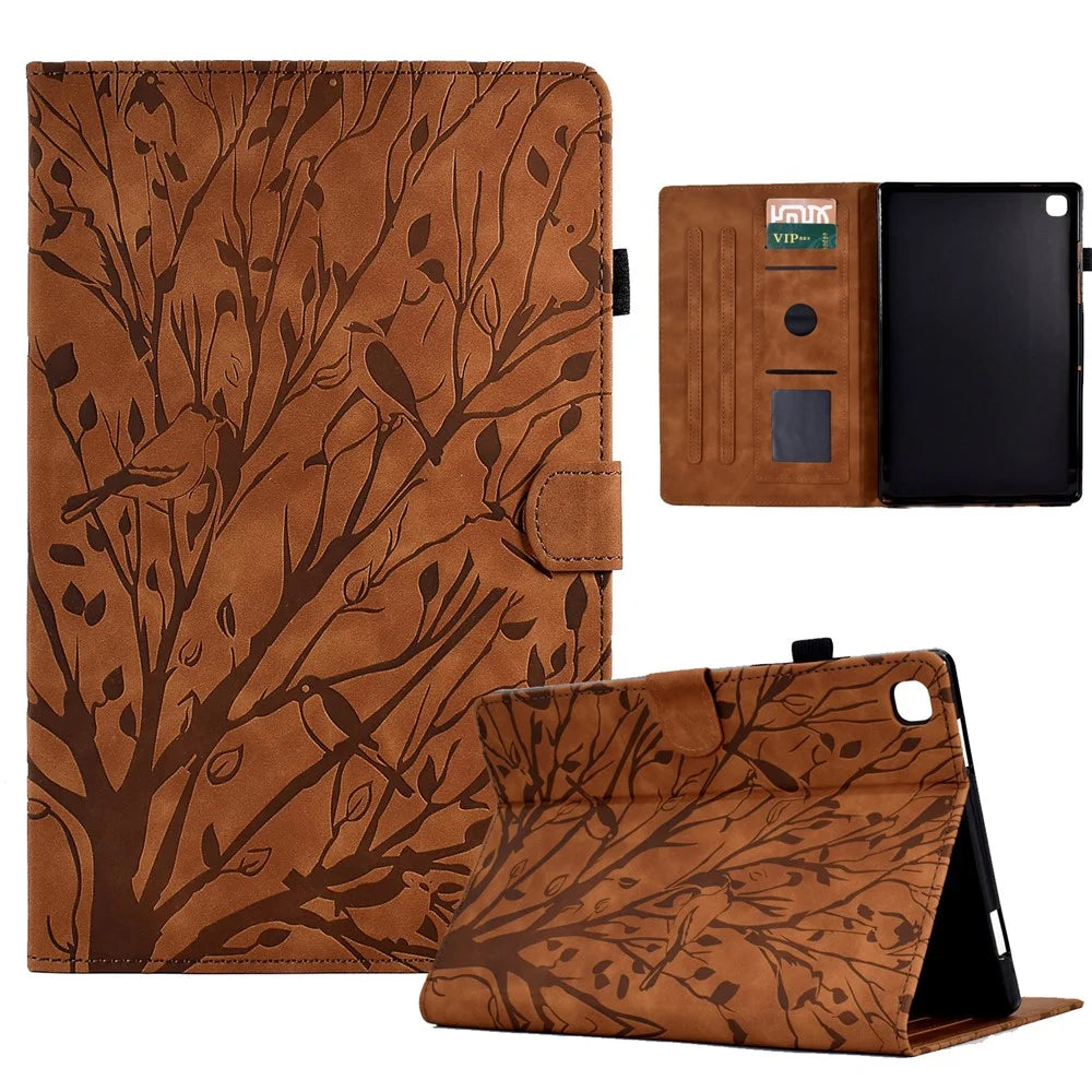 For Samsung Galaxy Tab A7 10.4 (2020) / (2022) T505 T500 Stand Leather Tablet Case Card Holder Imprinted Tree Tablet Cover - Brown - 1