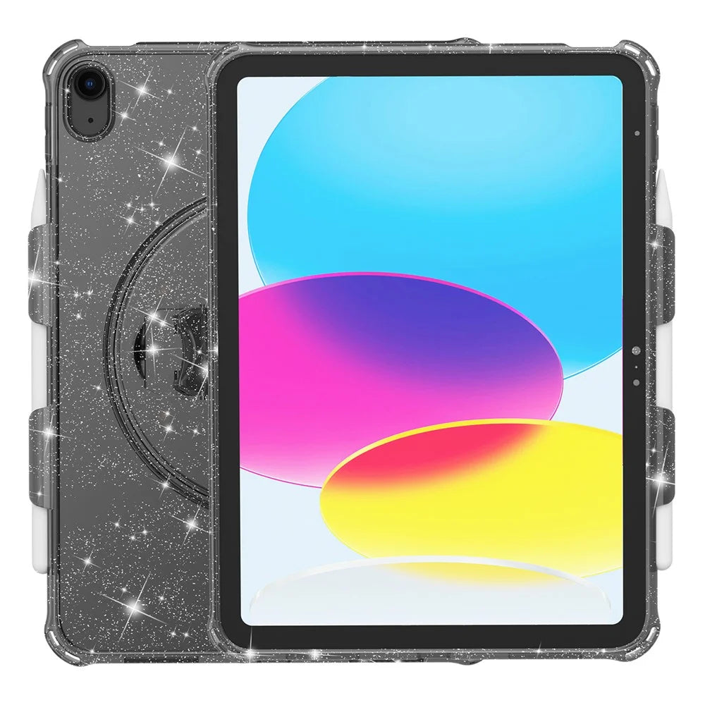 For iPad (2025) / 10.9 (2022) Kickstand Glitter Case Shockproof Hard PC Soft TPU Tablet Cover - Sparkly Black - 6