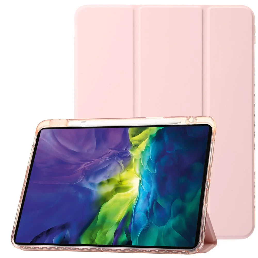 For iPad Pro 12.9-inch (2018) / (2020) / (2021) / (2022) Trifold Stand Tablet Case PU Leather + Clear Acrylic Shell - Pink - 1