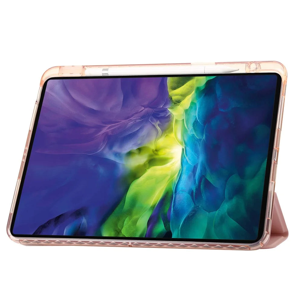 For iPad Pro 12.9-inch (2018) / (2020) / (2021) / (2022) Trifold Stand Tablet Case PU Leather + Clear Acrylic Shell - Pink - 2