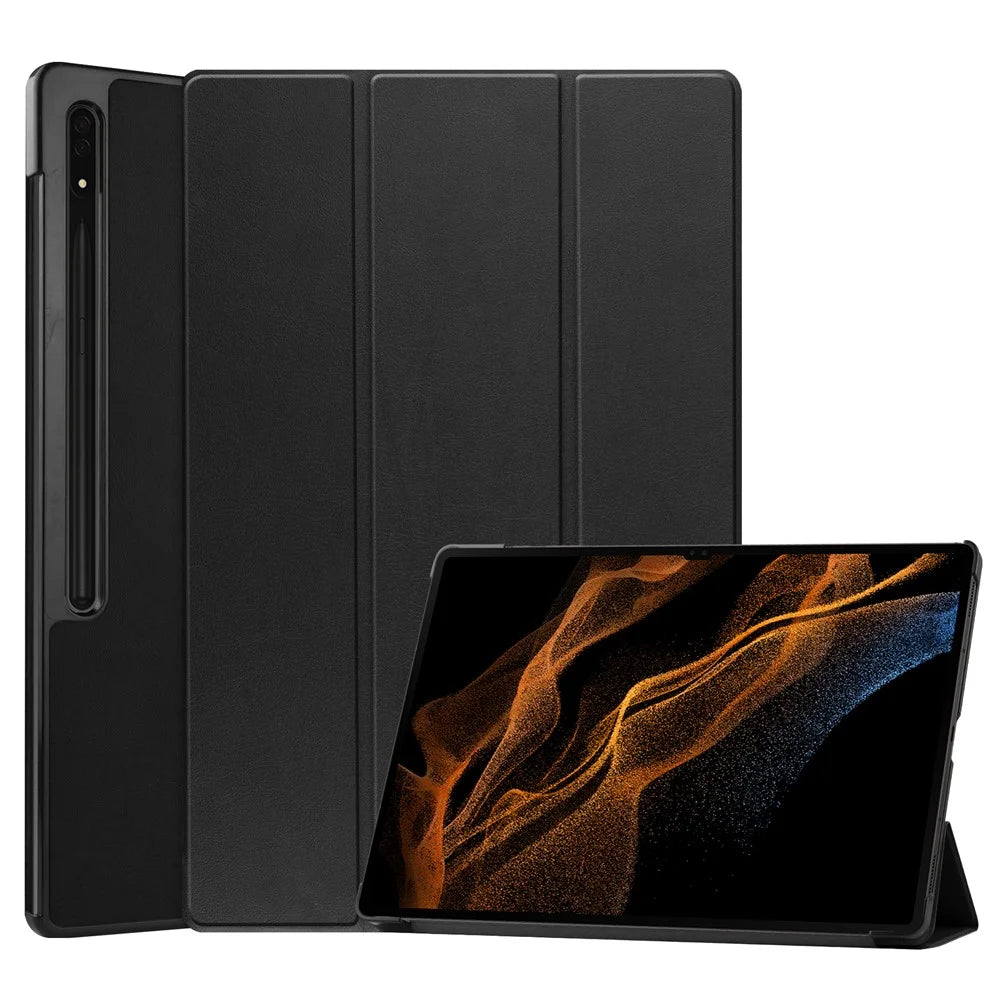 For Samsung Galaxy Tab S8 Ultra Tri-fold Stand Tablet Case Auto Wake / Sleep Leather Tablet Cover - Black - 1