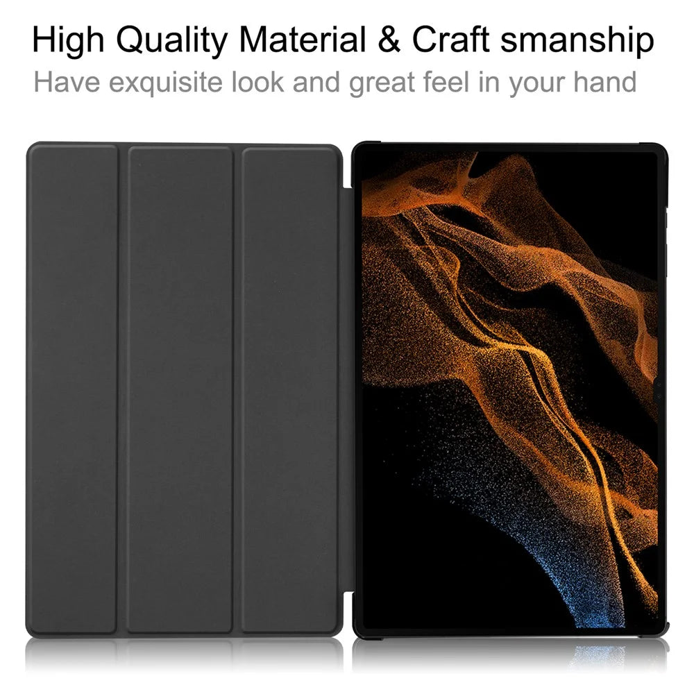For Samsung Galaxy Tab S8 Ultra Tri-fold Stand Tablet Case Auto Wake / Sleep Leather Tablet Cover - Black - 2