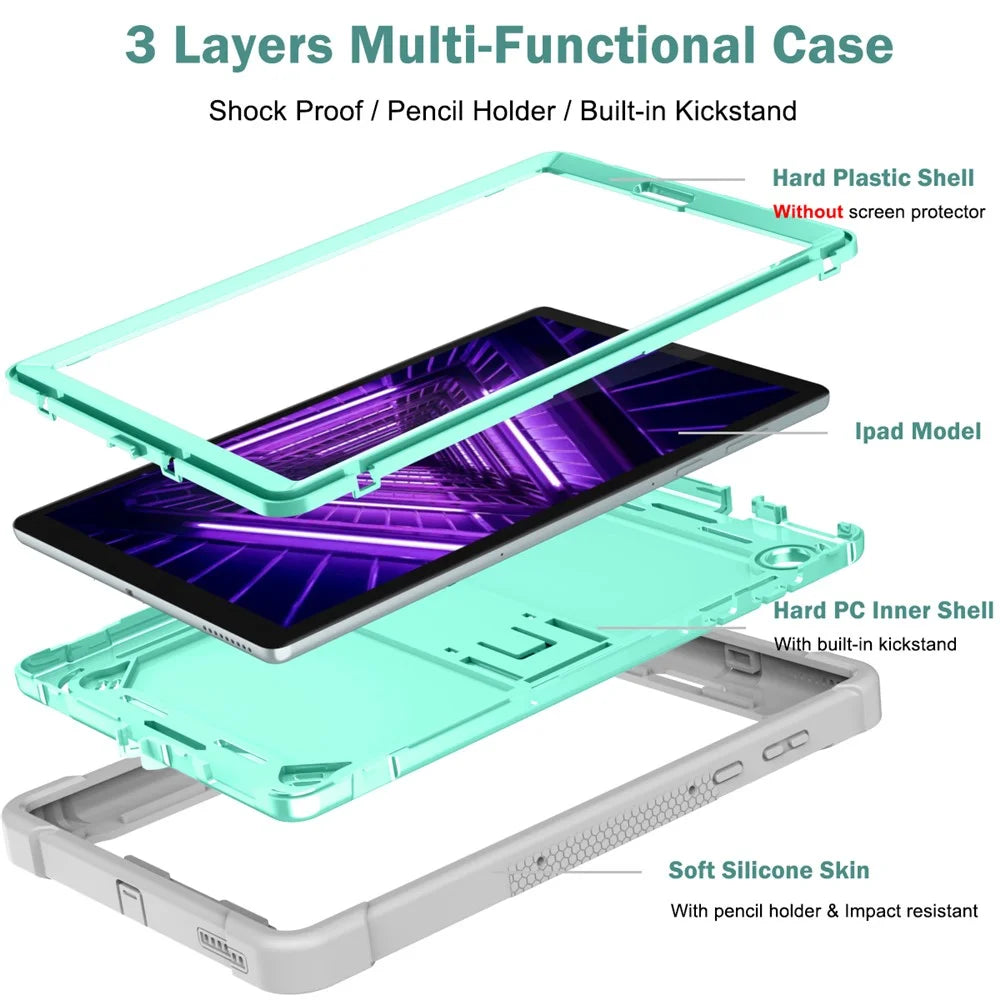 For Lenovo Tab M10 Plus Kickstand Tablet Case Silicone + PC Rugged Kids Protective Cover - Grey+Mint Green - 4