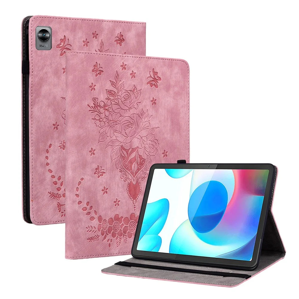 Card Slots Tablet Case for Realme Pad Mini , Imprinted PU Leather Stand Full Protection Cover - Pink - 1