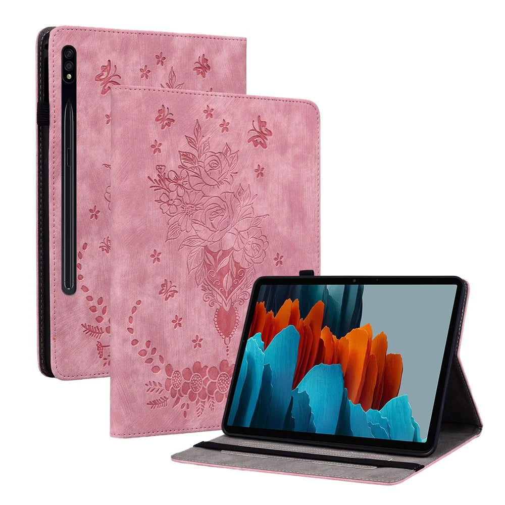 For Samsung Galaxy Tab S7+ / S7 FE / S8+ Imprinted Cover with Pen Holder PU Leather Stand Tablet Case - Pink - 1