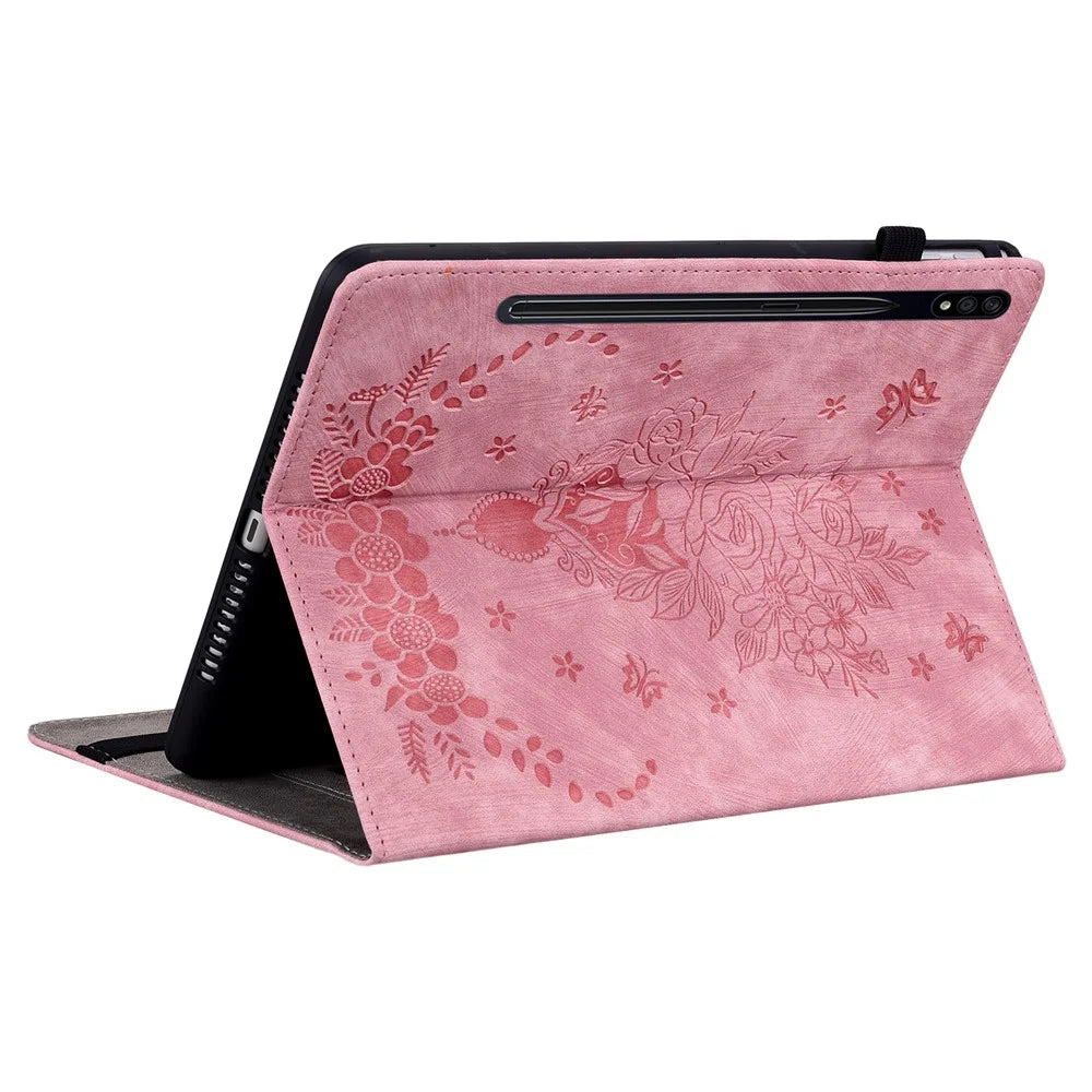 For Samsung Galaxy Tab S7+ / S7 FE / S8+ Imprinted Cover with Pen Holder PU Leather Stand Tablet Case - Pink - 4