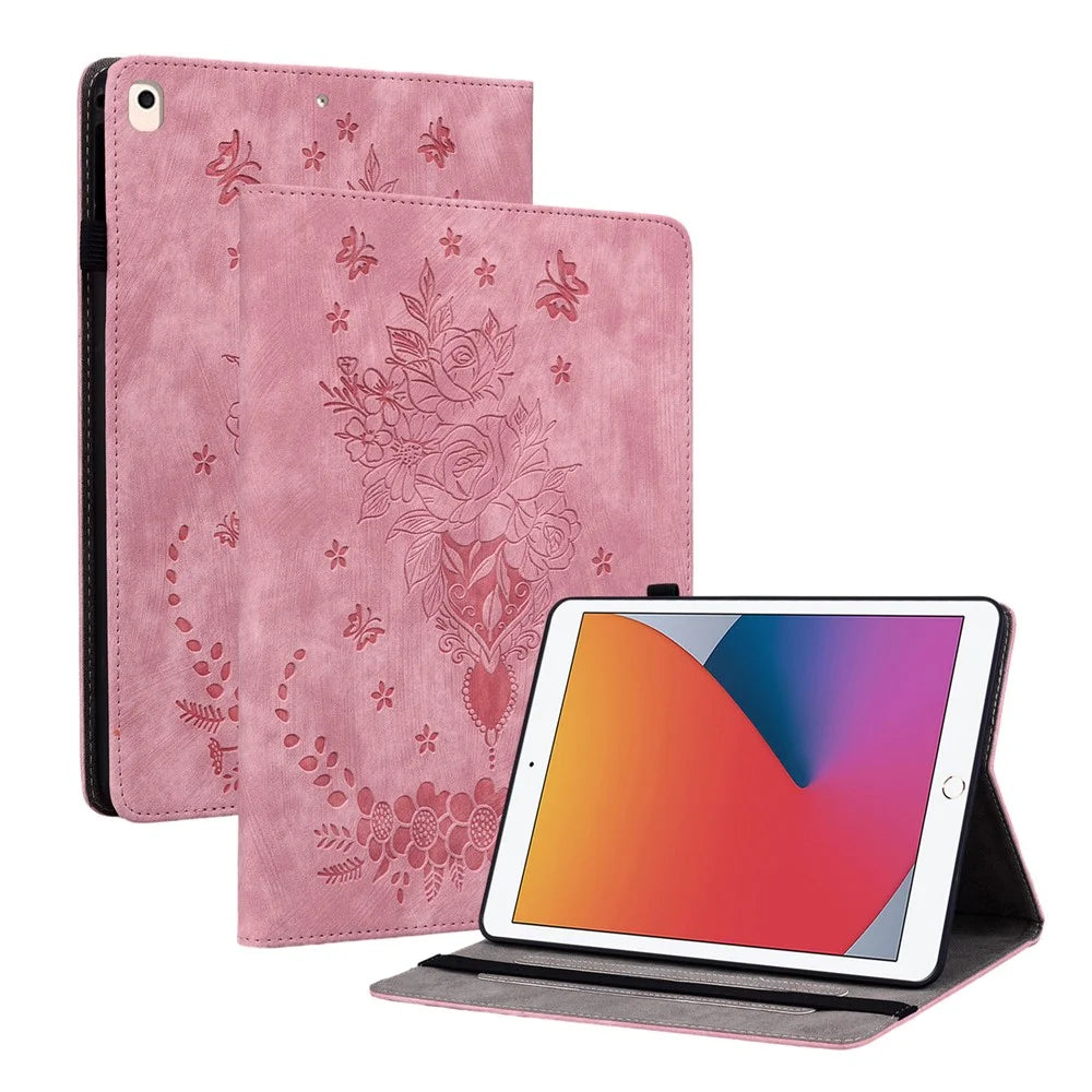 For iPad Air (2013) / Air 2 / iPad 9.7-inch (2017) / (2018) PU Leather Stand Shell Butterfly Rose Imprinted Tablet Case with Card Slots - Pink - 1