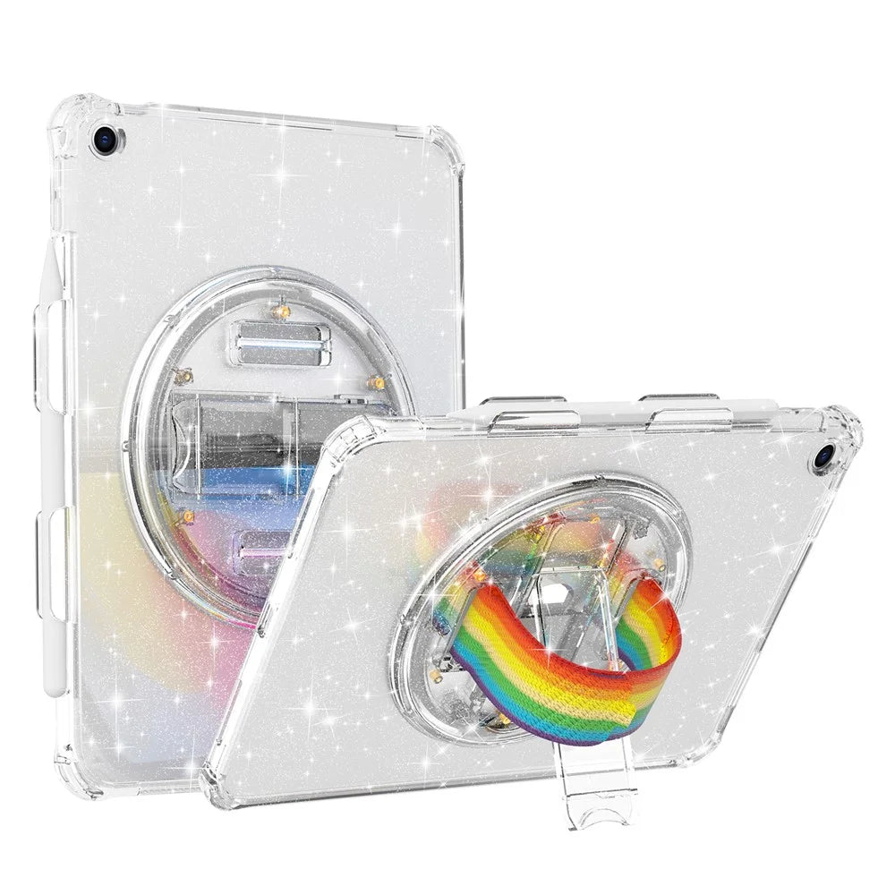 For iPad 10.2 (2021) / (2020) / (2019) Rotary Hand Strap Kickstand Tablet Case TPU+PC Tablet Cover with Shoulder Strap - Glitter White - 1