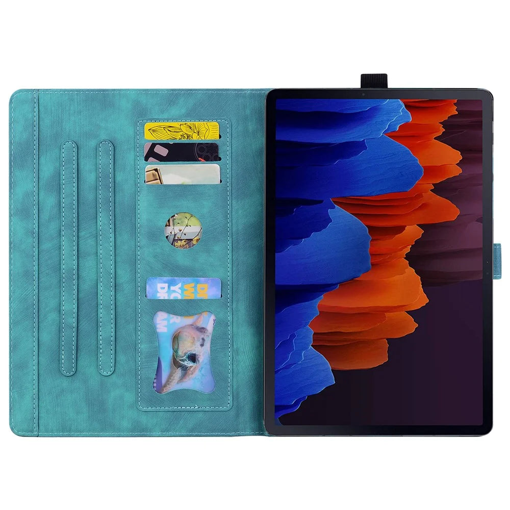For Samsung Galaxy Tab S9 Ultra / S8 Ultra Card Slots Leather Tablet Case Stand Imprinted Flower Cat Tablet Cover - Green - 2