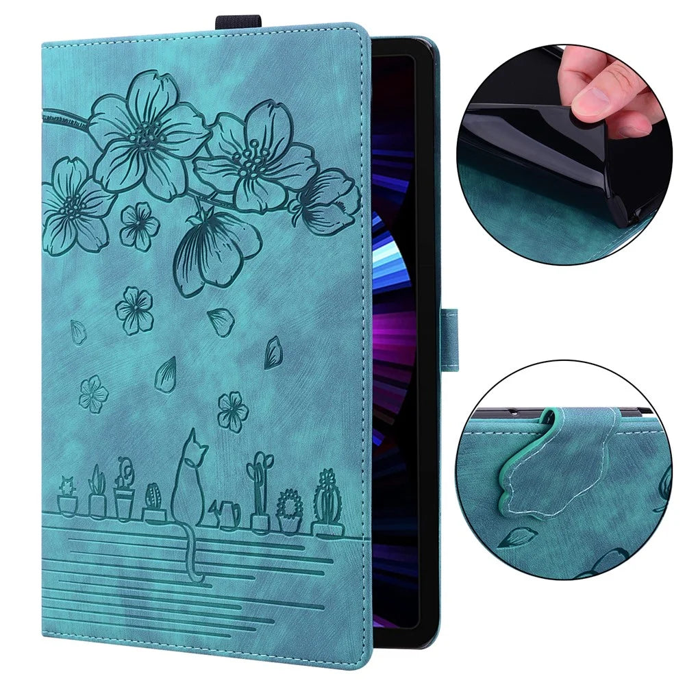 For Samsung Galaxy Tab S9 Ultra / S8 Ultra Card Slots Leather Tablet Case Stand Imprinted Flower Cat Tablet Cover - Green - 4