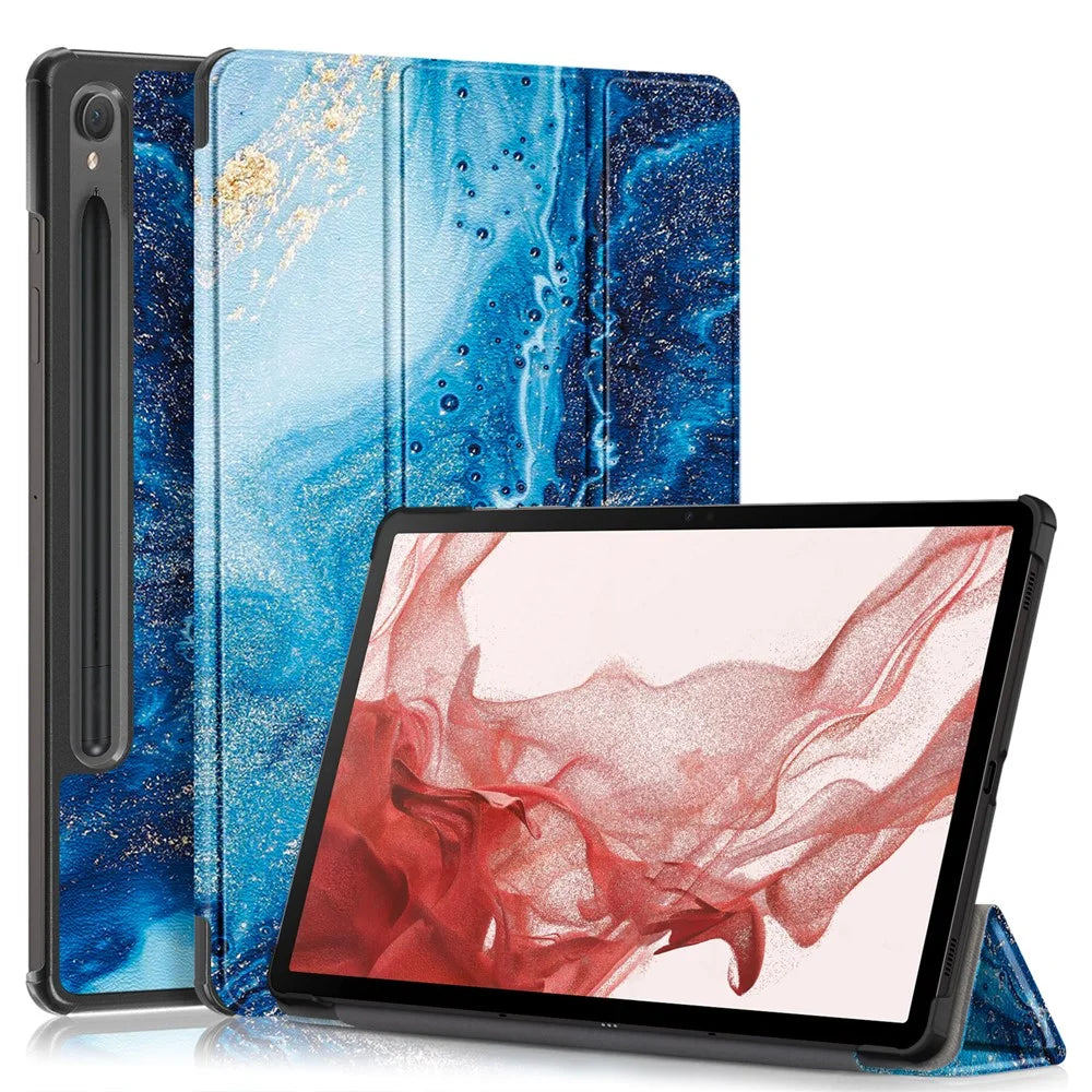 For Samsung Galaxy Tab S9 11-Inch SM-X710, SM-X716B, SM-X718U Pattern Printing Leather Tablet Case Trifold Stand Smart Cover  - Sea Wave - 1