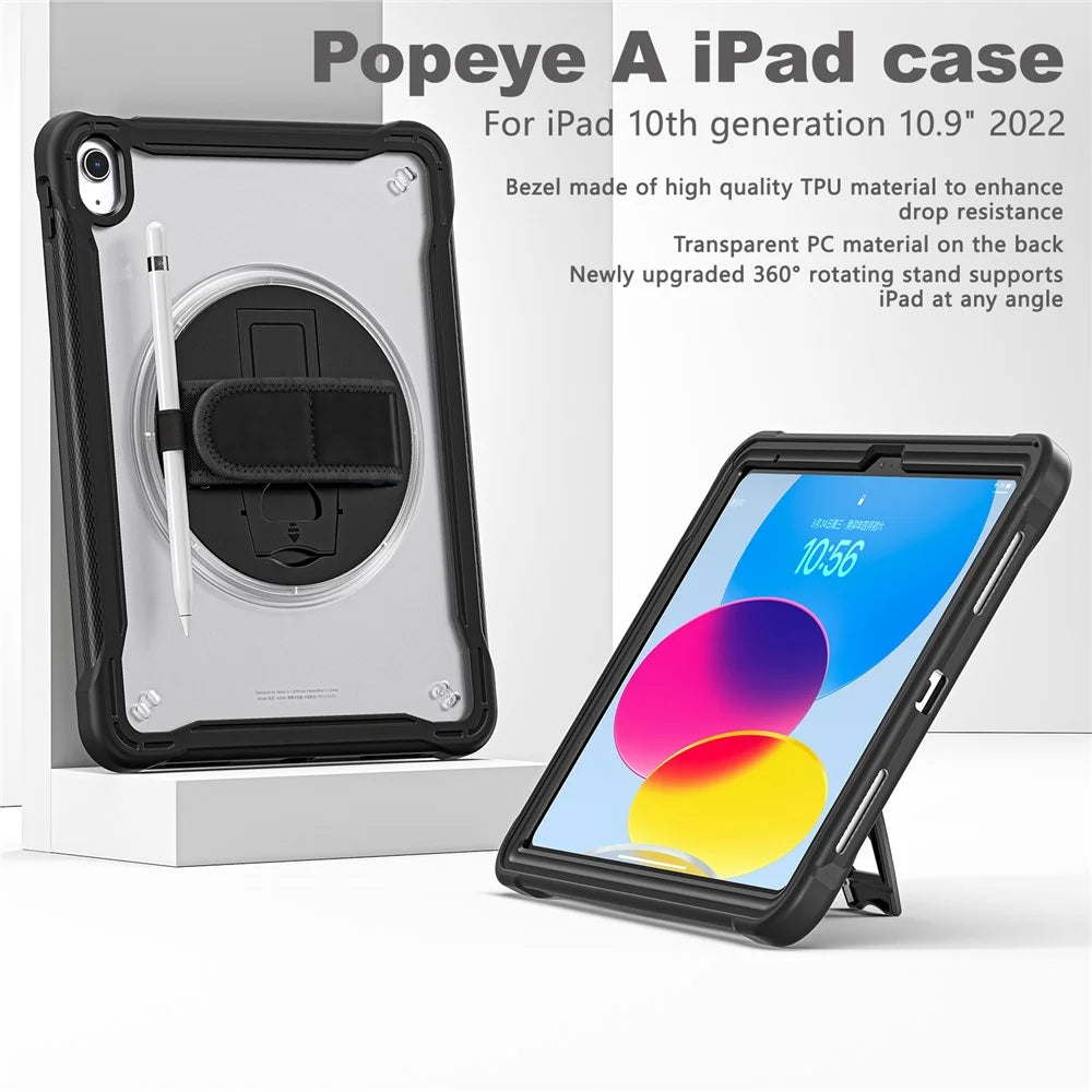 Kickstand Tablet Case for iPad (2025) / 10.9 (2022) Rotary Hand Strap TPU+PC Tablet Cover - Black - 2