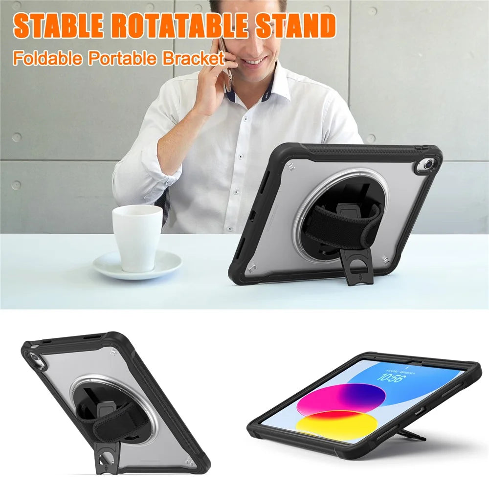 Kickstand Tablet Case for iPad (2025) / 10.9 (2022) Rotary Hand Strap TPU+PC Tablet Cover - Black - 6